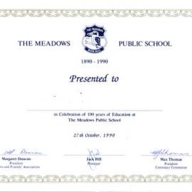 Meadows Public School - Centenary Certificate, 1990