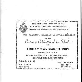 Riverstone Public School centenary invitation, 1983
