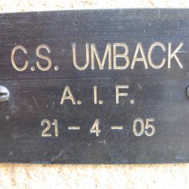 Plaque - Umback, Cecil Stephen (AIF)