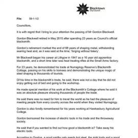 Passing of Gordon Blackwell, (Mayoral Minute No 560), 2020