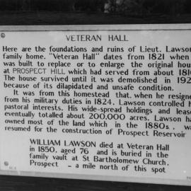 Veteran Hall memorial plaque, Prospect Reservoir