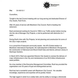 Retirement of Director Rudy Svarcs (Mayoral Minute No 597), 2020