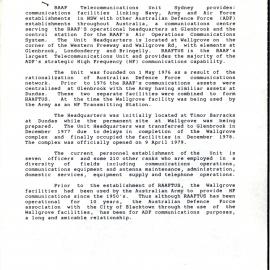 A brief outline of RAAF Telecommunications Unit Sydney, (RAAFTUS)