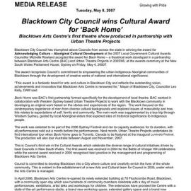 Cultural Award for "Back Home", 2007