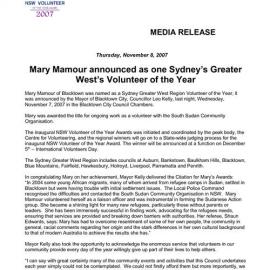 Mary Mamour, Sydney Greater West Volunteer of the Year, 2007