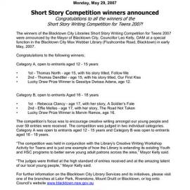 Blacktown City Libraries Short Story Writing Competition, 2007