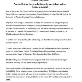 Council's Tertiary Scholarship Recipient Wins Dean's Medal, 2004