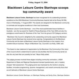 Blacktown Leisure Centre Stanhope Business of the Year Award, 2004