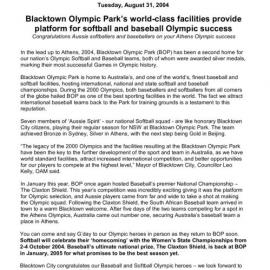 Blacktown Olympic Park's World Class Facilities Provide Platform for Softball/Basball Olympic success, 2004
