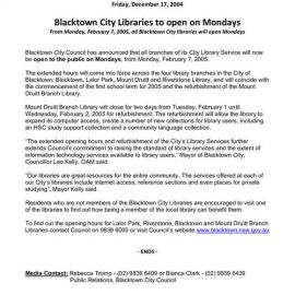 Blacktown City Libraries to open on Mondays, 2004