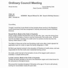Queen's Birthday Honours, (Mayoral Minute No 389), 2015