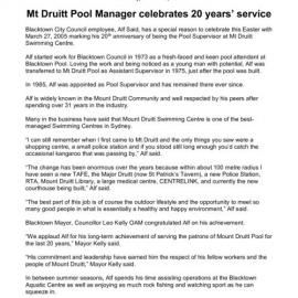 Mount Druitt Pool Manager celebrates 20 years service