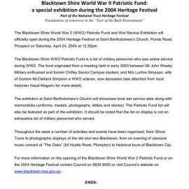 Blacktown Shire World War II Patriotic Fund exhibition, 2004