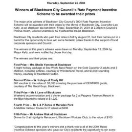 Blacktown City Council Rates Incentive Scheme Winners, 2004