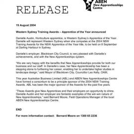 Western Sydney Training Awards - Apprentice of the Year, 2004