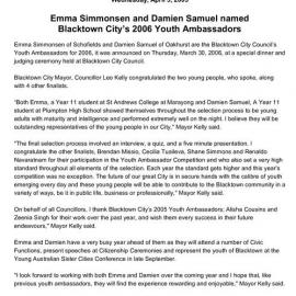 Blacktown City Youth Ambassadors, 2006