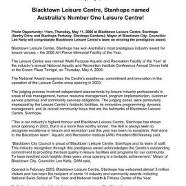 Blacktown Leisure Centre won AH Pierce Memorial Facility of the Year Award, 2006