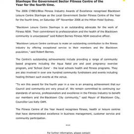 Blacktown Leisure Centre, Stanhope Local Government Sector Fitness Centre of the Year, 2006