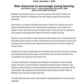 Blacktown City Libraries, Early Words Launch, 2006