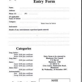 Australia Day Talent Quest entry form, 1998