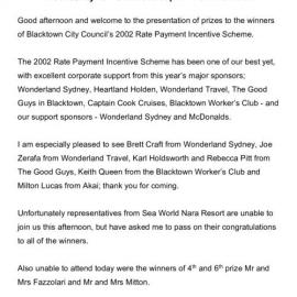 Blacktown City Council's Rate Incentive Scheme winner, 2002