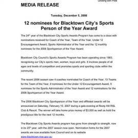 Blacktown City Sports Person of the Year Nominees, 2006