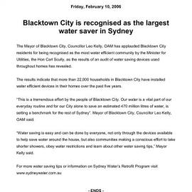 Blacktown City Recognised as Largest Water Saver in Sydney, 2006