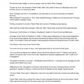 Father Peter Confeggi, St Patricks Catholic Church Farewell (Mayoral Minute No 528), 2018