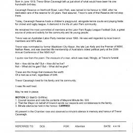 Vale for Trevor Cavanagh (Mayoral Minute No 533), 2019