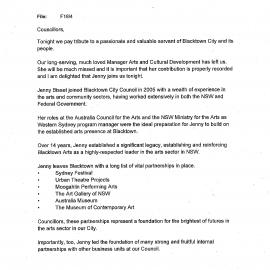 Jenny Bissett (Mayoral Minute No 538), 2019