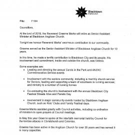 Reverend Graeme Marks (Mayoral Minute No 551), 2019