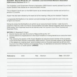 Allyson Bradford - re-election to ALGWA NSW Executive Board (Mayoral Minute No 617), 2021