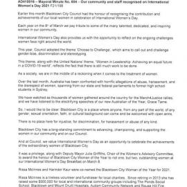 International Women's Day Awards (Mayoral Minute No 604), 2021