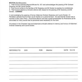 The Passing of former Aldermen Graham Sweeney and Laurie Doolan (Mayoral Minute No 421), 2016
