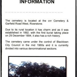 Riverstone Cemetery information, 2011
