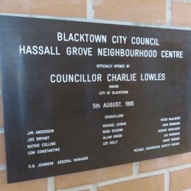 Hassall Grove Neighbourhood Centre, Hassall Grove - Plaque