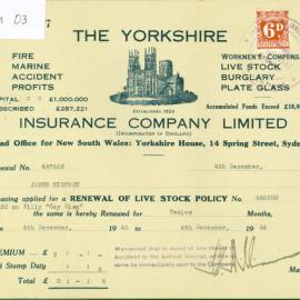 Renewal of Live Stock Policy, 'Gay Glen', 1945