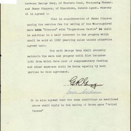 Agreement to Mate Thoroughbred Mare "Discuss" and "Veiled Therese" with Rogerstone Castle", 1949