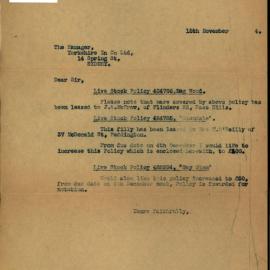 Letter - Renewal of Live Stock Insurance Policy, 1944