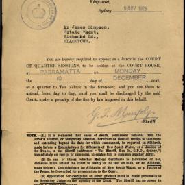 Jury Duty notice for James Simpson, 1928