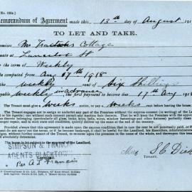 Memorandum of Agreement to let Trackson's Cottage Lancelot Street, Blacktown, 1918