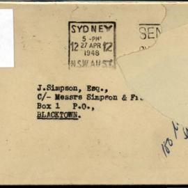 Envelope addressed to James Simpson Esq., 1948