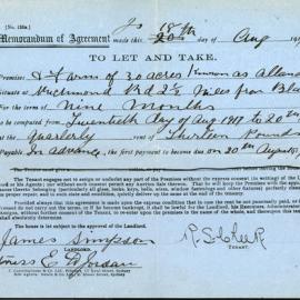 Memorandum of Agreement to let Allandale Farm, Richmond Road, 1917