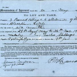 Memorandum of Agreement to let cottage and 6 allotments, Blacktown Estate, 1917