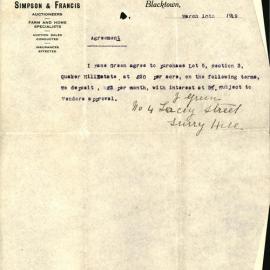 Agreement to Purchase land Quakers Hill Estate, 1919