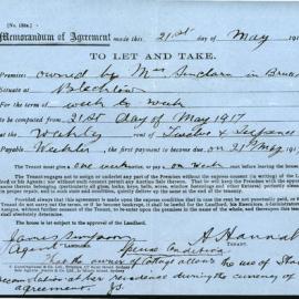 Memorandum of Agreement to let a House at Bruce Street, Blacktown, 1917