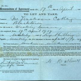 Memorandum of Agreement to let Mr Jackson's Cottage, Blacktown, 1919