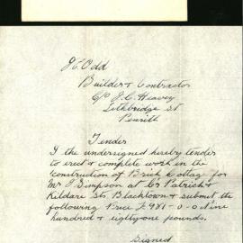 Tenders for Construction of a Brick Cottage, Blacktown, 1934