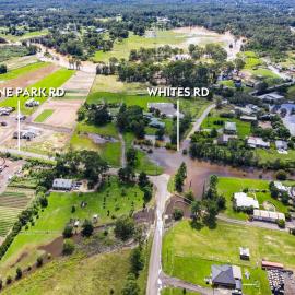 Aerial view of flooding at Shanes Park, 2021