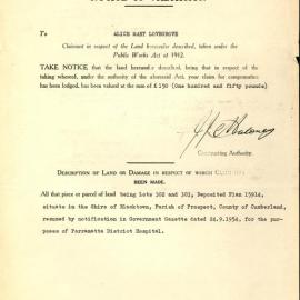Notice of Valuation, Lots 302 and 303  near Marcel Crescent Blacktown, 1954